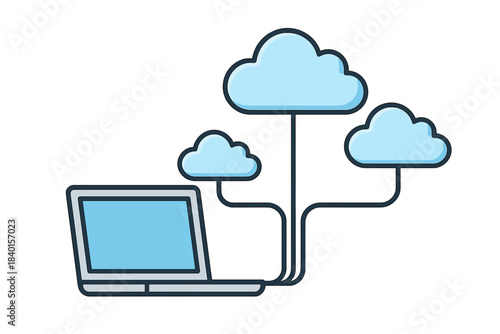 Laptop connected to multiple cloud servers representing data storage and network infrastructure