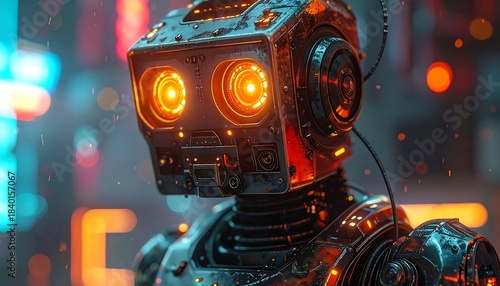 Metallic robot head, with glowing orange eyes, against a blurred, colorful city background