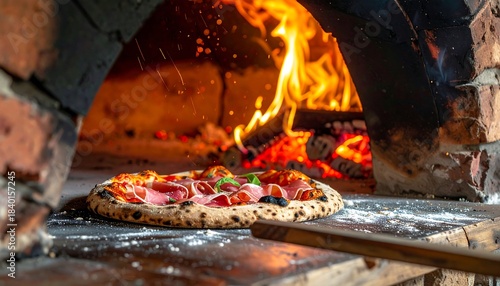 Pizza bakes in brick oven with flaming logs; peel awaits