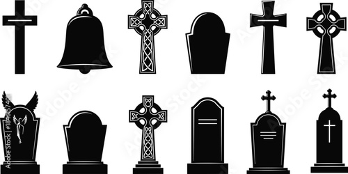 Cemetery icon set, gravestone symbols, memorial vector, funeral design, religious cross, black silhouette, angel tombstone, Celtic grave art