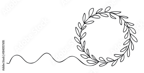 Elegant black line art laurel wreath with wavy line accent for celebratory announcements, invitations, and organic branding projects