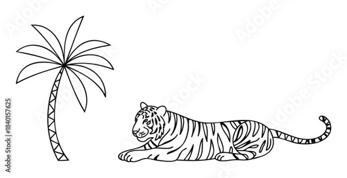 Line drawing of a majestic tiger resting near a tropical palm tree, perfect for wildlife themes, nature projects, and safari adventures.