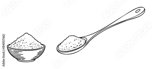 Black and white line drawing of a bowl overflowing with granulated sugar next to a spoon filled with sugar, perfect for food and recipe projects