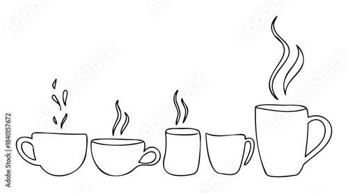 Collection of assorted empty coffee cups and mugs with steam rising, perfect for cafe menus, food blogs, or beverage advertising featuring beverage containers.