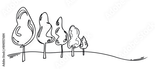 Minimalist line drawing of five stylized trees with flowing trunks and tops arranged on a gentle slope, perfect for nature themed projects and organic branding needs