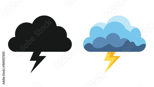 Two cloud icons depicting stormy weather one in silhouette and one in color