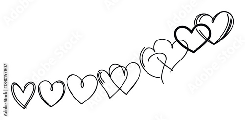 Collection of black line drawn hearts in a row flowing upwards representing love and romance for greetings and decorations