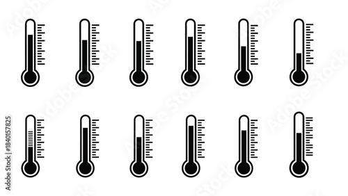A collection of thermometers displaying varying temperature levels in black and white