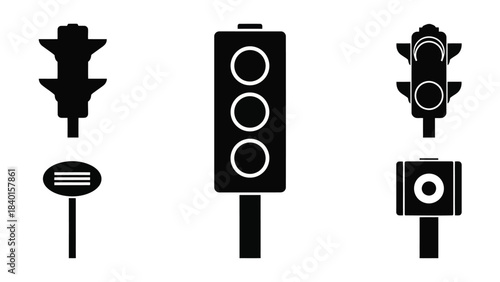 Black silhouette icons of traffic lights and a road sign