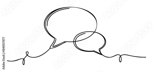 Abstract continuous line drawing of two overlapping speech bubbles symbolizing communication dialogue and conversation for message sharing and ideas exchange in digital media and graphic