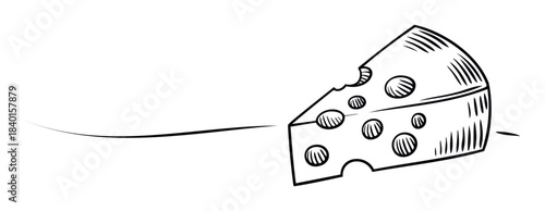Sketch of a wedge of cheese with holes and a trailing line, perfect for foodrelated promotions and visual content.