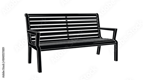 A simple black garden bench with a slatted design and armrests presented
