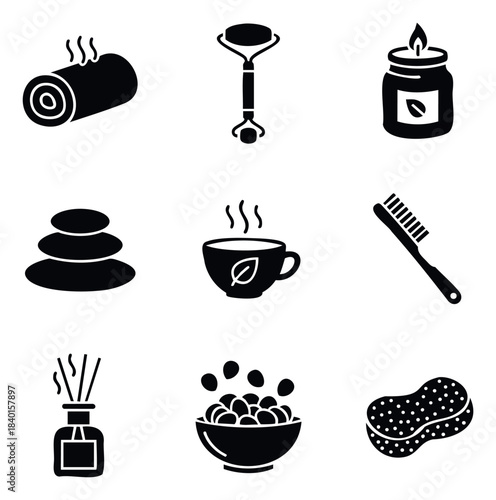 Collection of spa and wellness icons including hot towel, jade roller, candle, stones, tea, brush, diffuser, bath bombs, and sponge for promoting relaxation and selfcare.
