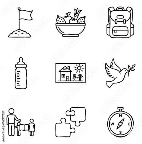 Collection of simple line icons representing educational milestones, baby care, nutrition, peace, family, and direction for use in learning materials and informational graphics.