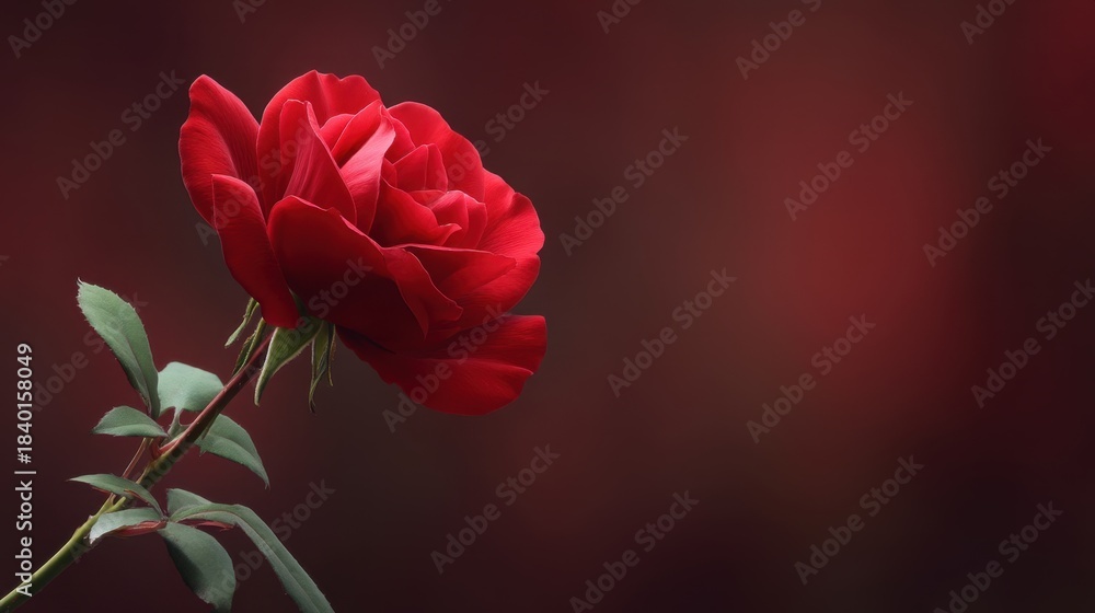 Fototapeta premium Vibrant Red Rose Bloom with Soft Background Highlighting Petals and Green Leaves, Captured in Natural Light, Ideal for Romance and Beauty Themes