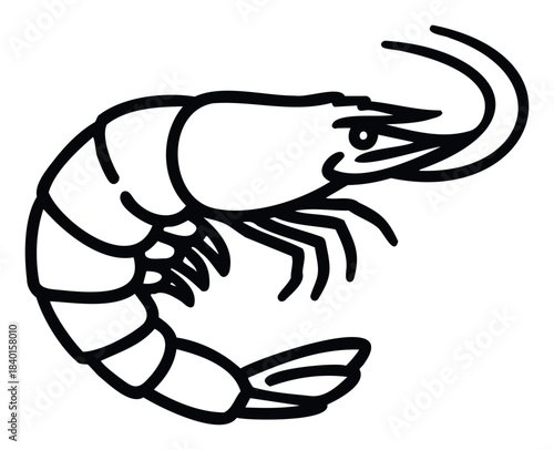 Bold black outline of a shrimp, a popular seafood ingredient, perfect for culinary websites, menus, or foodrelated graphic projects.