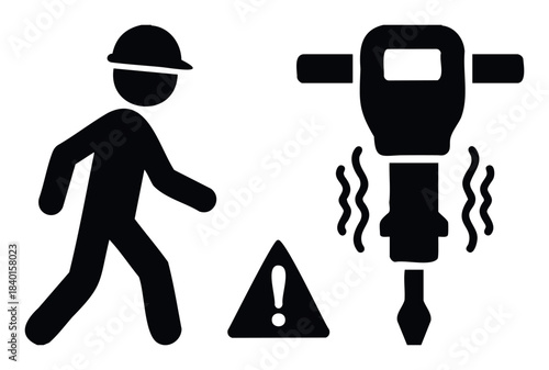 Construction worker icon and jackhammer symbol with warning triangle signifying safety precautions and industrial work zone awareness for building projects and hazard alerts