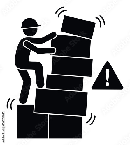Construction worker in hard hat stacking unstable boxes precariously high symbolizing risk and danger of overload in warehouse or building site projects