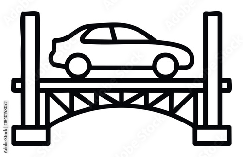 Simple line art depicts a car driving across a suspension bridge, representing transportation and infrastructure, perfect for concepts of travel and urban development visuals.