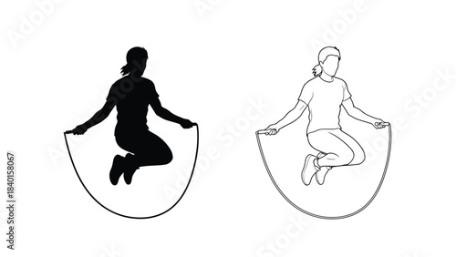 Silhouette and outline of a woman actively jumping rope a fitness illustration