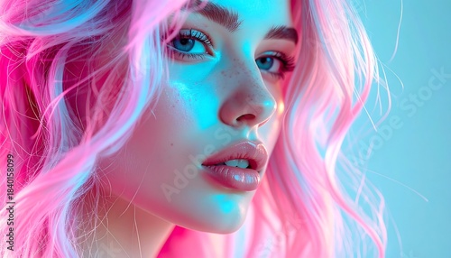 Portrait of woman with flowing pink hair and blue eyes, lit by vibrant neon