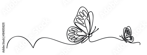 Minimalist line art depicts two delicate butterflies in flight along a flowing path, perfect for naturethemed projects, wellness branding, and childrens designs seeking a simple, elegant
