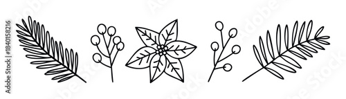 Hand drawn black outline botanical elements including fir branches, berry sprigs, and poinsettia flower perfect for holiday decoration and graphic projects