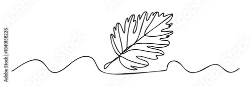 Single line drawing of a stylized leaf emerging from a wavy ground line symbolizing natures growth and organic form, perfect for environmental or botanical themes