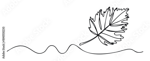 Minimalist single line drawing of a delicate leaf falling gracefully across a flowing wavy line, perfect for nature themes and organic branding applications.