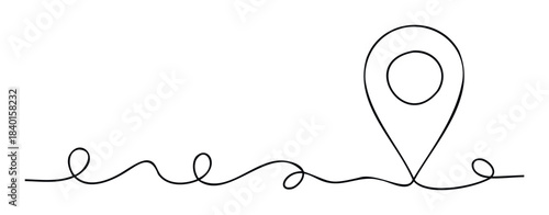 Continuous line drawing of a winding path leading to a location pin marker, representing journey and destination, perfect for travel or navigation themes.