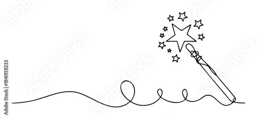 Whimsical magic wand with sparkling stars emanating from its tip, perfect for enchanting celebrations, party invitations, and childrens themed concepts.