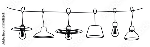 Collection of simple linear drawings of diverse pendant light fixtures and Edison bulbs hanging from a wire, ideal for interior decor concepts and lighting design projects.