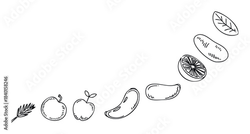 Hand drawn organic food icons arranged in a curve for healthy eating and nutrition concepts