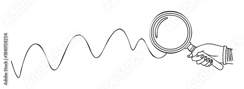 Hand holding magnifying glass examining wavy line representing data analysis and research for business insights