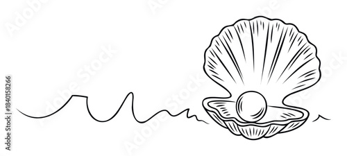 Exquisite line drawing of an open seashell revealing a luminous pearl, perfect for marine life themes, luxury branding, or organic concepts.