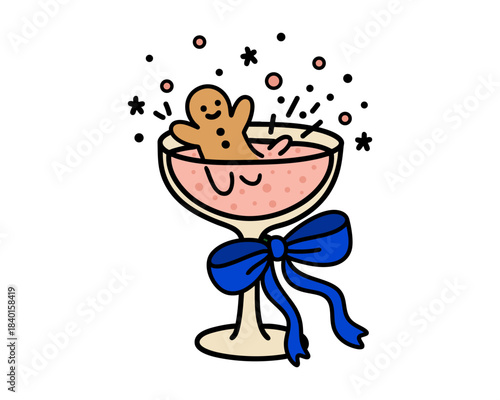 Gingerbread cookie splashing in champagne glass with sparkles, bubbles, stars and festive ribbon bow in bright cheerful winter holiday celebration style. Vector illustration.