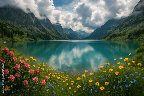 Crystal clear alpine lake surrounded by green mountains and dramatic clouds, wildflowers in foreground, peaceful summer landscape. generative AI