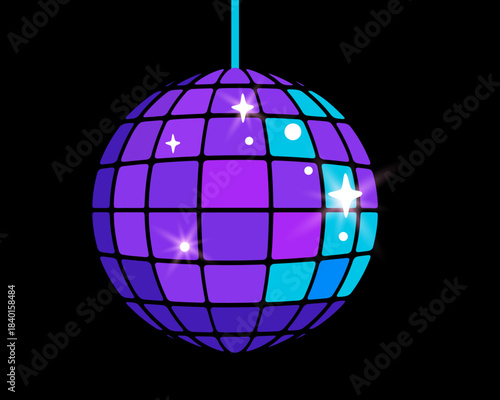 Neon disco ball in glowing nightclub style with vibrant reflections, bright party atmosphere and fun celebration mood on dark background. Vector illustration.
