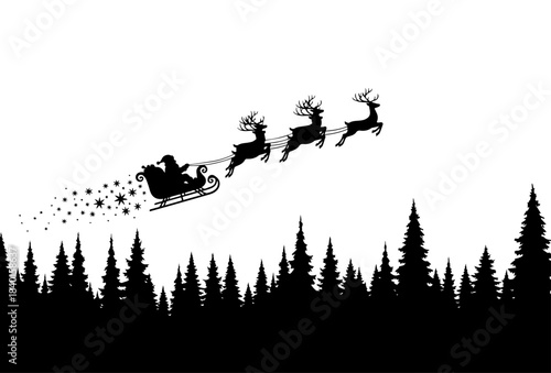 Leaving a whimsical trail of glittering stars, a stark black silhouette portrays Santa's sleigh flying high across a white sky above the jagged peaks of a dense pine forest