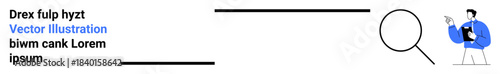 Business analysis, search tools, data exploration, document review, research, problem-solving. A person pointing toward a magnifying glass. Business analysis and search tools concept