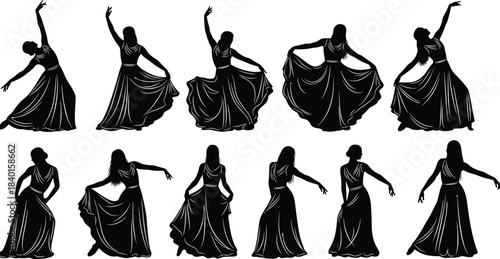Dancing woman silhouette set, graceful poses, flowing dress motion, black vector art, elegant dancer, expressive movement, isolated design