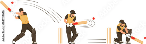 Cricket batting technique trio illustration—vector of follow-through, straight bat, and low shot with stumps and gear