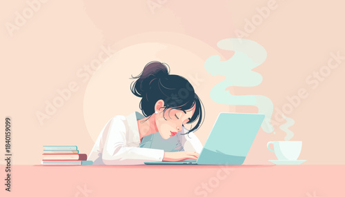Young woman working late at night on her laptop, looking tired and stressed, with a hot cup of coffee on her desk, digital illustration