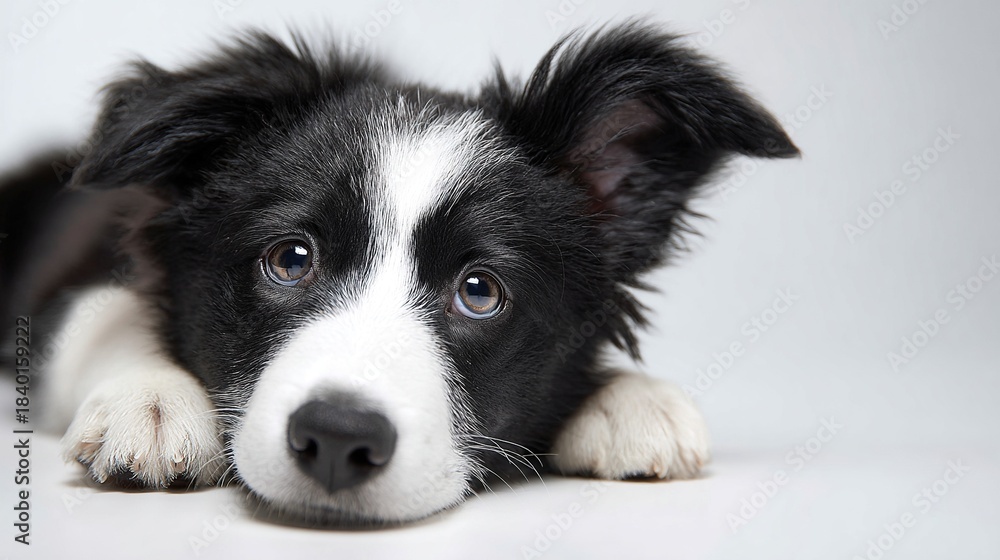Fototapeta premium Border collie puppy lying down, looking at camera intently.