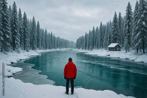 Lone traveler in a red jacket standing by a frozen river in a snowy pine forest, minimal winter wilderness mood, generative AI