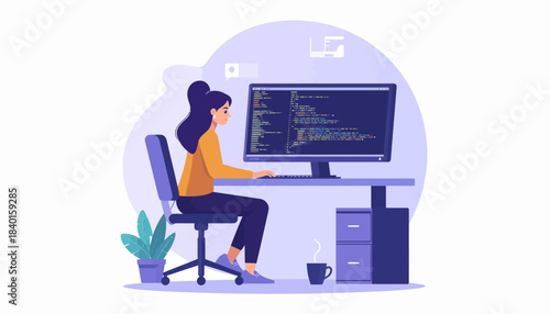 Young woman programmer focused on writing code for software development projects on her desktop computer, illustrating modern tech work environment