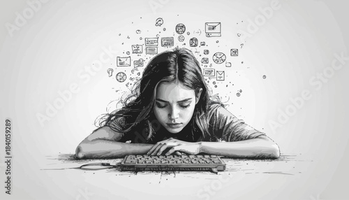 Digital Mindscape Young girl focused on keyboard, surrounded by dynamic swirl of abstract digital icons, symbolizing information, data, and technological engagement