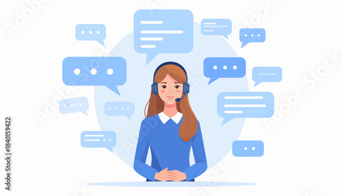 Customer Service Representative Wearing Headset, Surrounded by Chat Bubbles, Offering Support and Communication