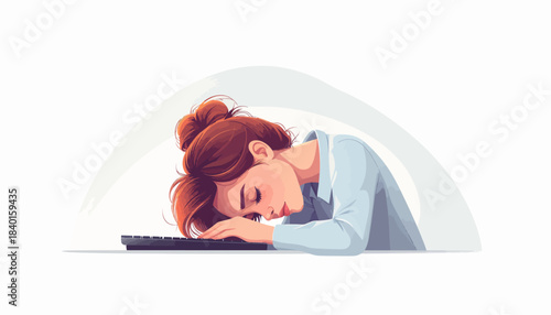 Vector illustration of a fatigued professional woman asleep on her keyboard, symbolizing the intense pressures and exhaustion often experienced in a demanding work environment