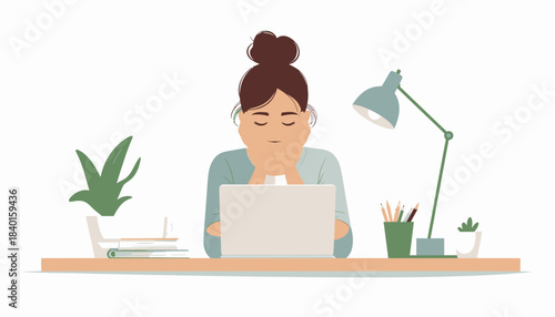 Focused young woman working on her laptop at a clean, modern home office desk, surrounded by plants and a stylish lamp, embodying remote work and thoughtful concentration